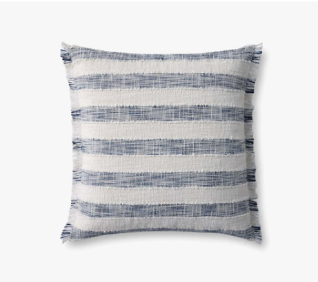 Blue & Ivory Striped Fringe Pillow 22 x 22