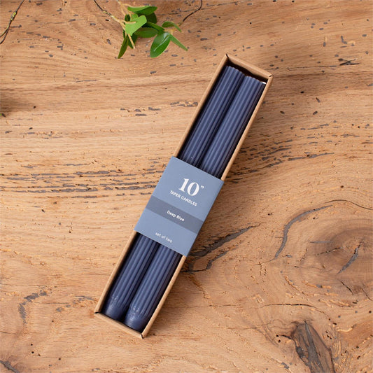 Deep Blue Ribbed Taper Candle S/2