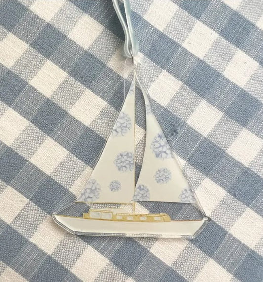 Hydrangea Sailboat Coastal Christmas Ornament