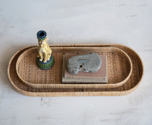 Oval Hand-Woven Rattan Trays - Large