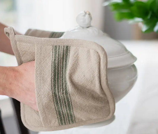 Vintage Spruce Green Stripe Pot Holder - S/2