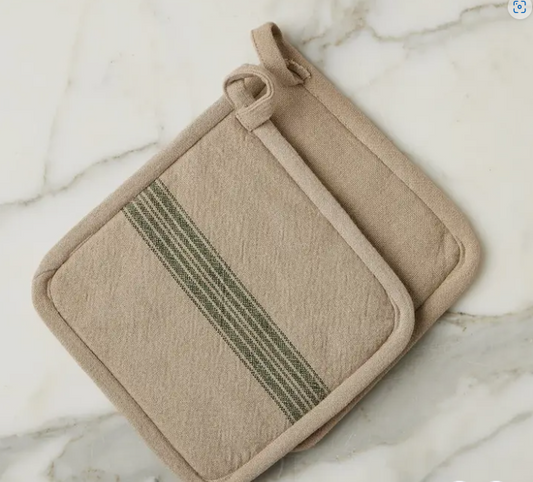 Vintage Spruce Green Stripe Pot Holder - S/2