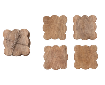 Mango Wood Scalloped Coasters, Natural, Set of 4 Tied w/ Jute