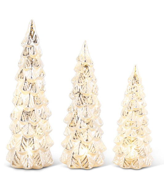 Glittered LED Silver Mercury Glass Trees w/Timers - S/3