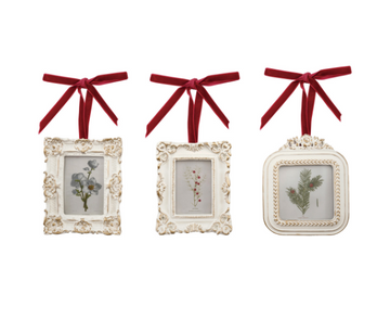 Resin White Ornament Frame W Burgundy Ribbon
