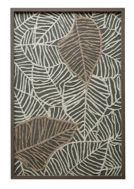 Wood Framed Glass Wall Decor w/ Handmade Textured Paper Leaves