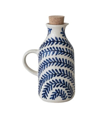 Blue & Cream Stoneware Oil Cruet with cork stopper