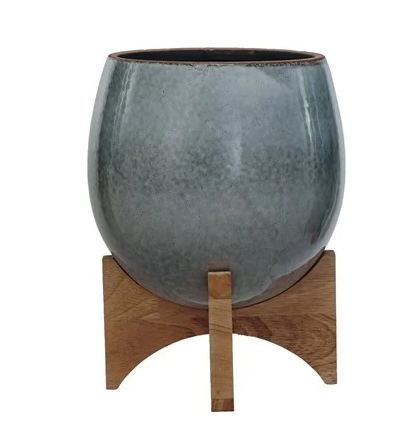 Blue Stoneware Planter with Stand