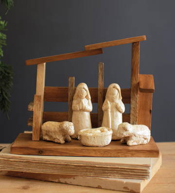 Wooden Nativity with Paper Mache Figurines