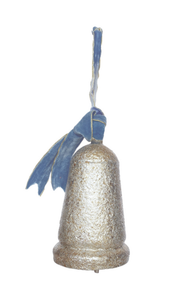 Antique Silver Metal Bell w Velvet Ribbon - Medium