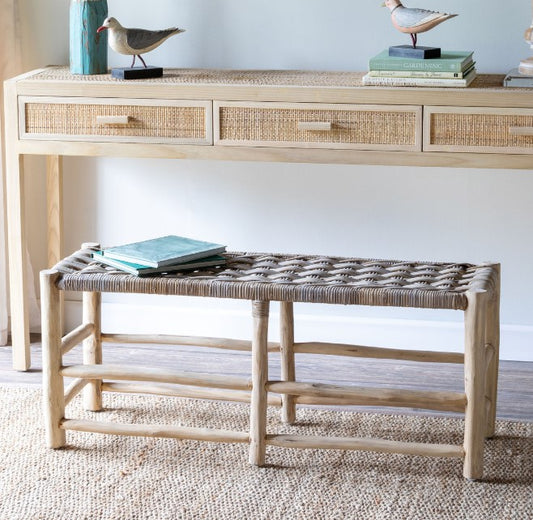 Teak & Rattan Woven Bench