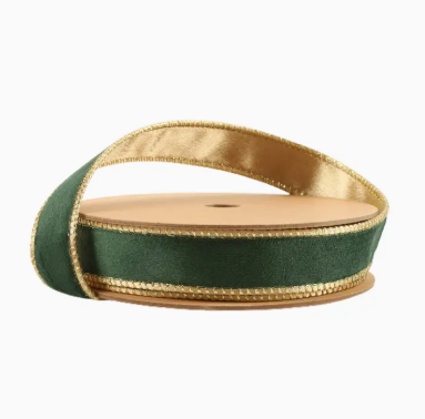 1" Reversible Wired Velvet Ribbon - Green/Gold