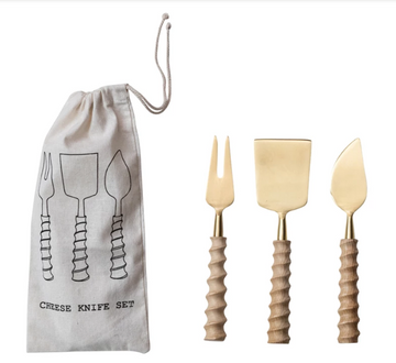 6-3/4"L Stainless Steel Cheese Knives w/ Carved Teakwood Handles, Gold Finish & Natural, Set of 3 in Printed Drawstring Bag