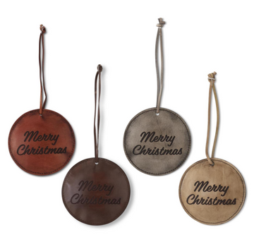 4 Inch Round Leather MERRY CHRISTMAS Engraved Ornaments