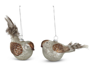 5.5 Inch White Mercury Glass Bird Ornaments w/Feather