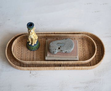 Oval Hand-Woven Rattan Trays - Large
