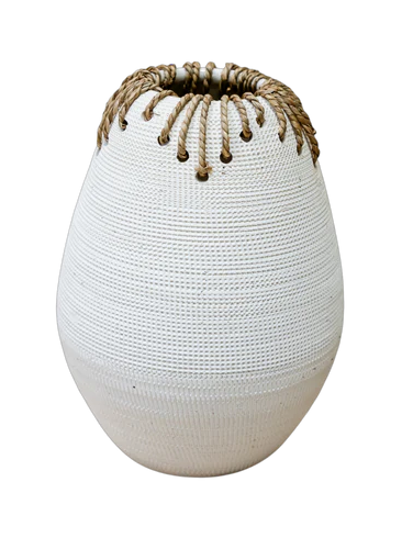 White Polyresin Vase with Natural Trim