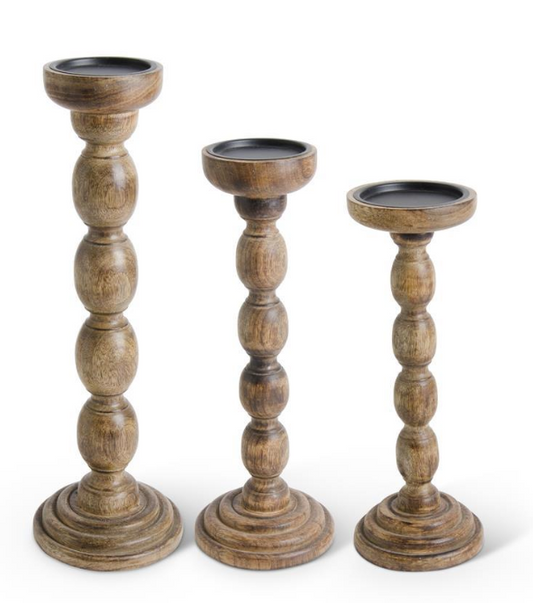 Brown Wooden Spindle Candleholder - Large