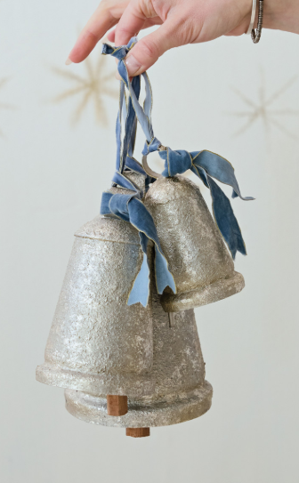 Antique Silver Metal Bell w Velvet Ribbon - Large