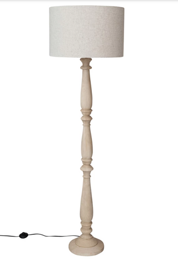 Mango Wood Turned Floor Lamp w/ Cotton Shade, Sand Finish