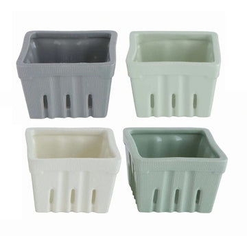 Stoneware Berry Bowls in Basket - Green