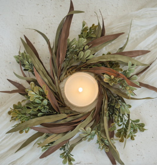 14" Brown and Green Mixed Leaf Candle Ring