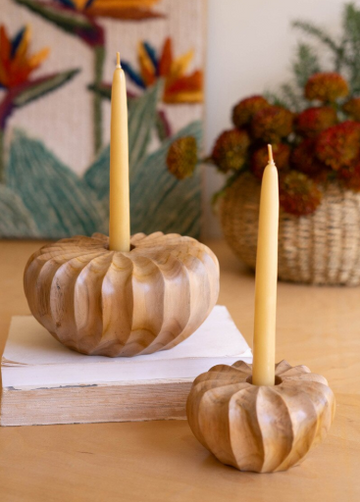 Carved Teakwood Candle Holders - S/2