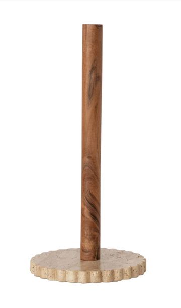 Acacia Wood Paper Towel Holder w Travertine Base