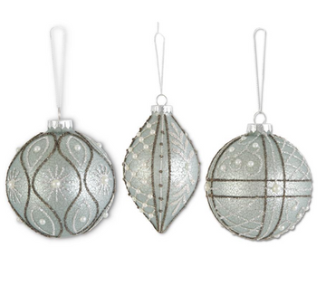 Assorted Glittered Light Blue Mercury Glass Ornaments w/Pearls