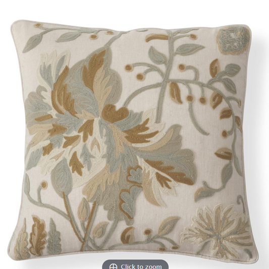 Cream Floral Embroidered Square Pillow