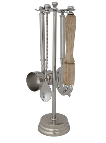 Stainless Steel & Mango Wood Bar Tools with 13"H Stand, Set of 5
